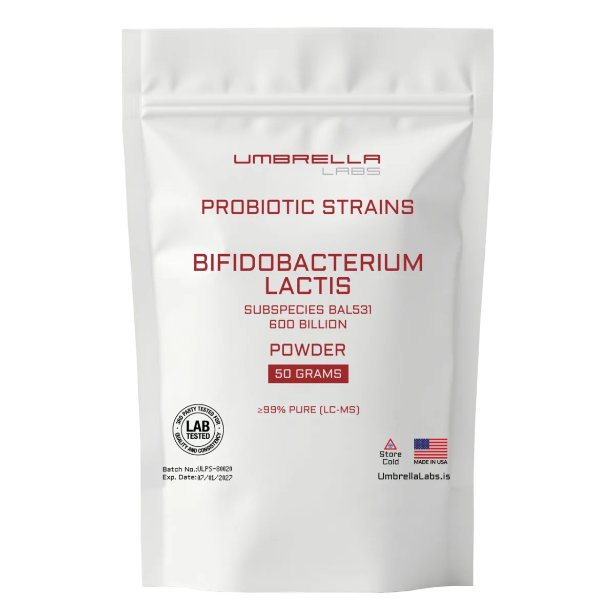 Bifidobacterium lactis BAL531 probiotic powder, 600 billion CFU 1 Bifidobacterium lactis BAL531 probiotic powder from Umbrella Labs