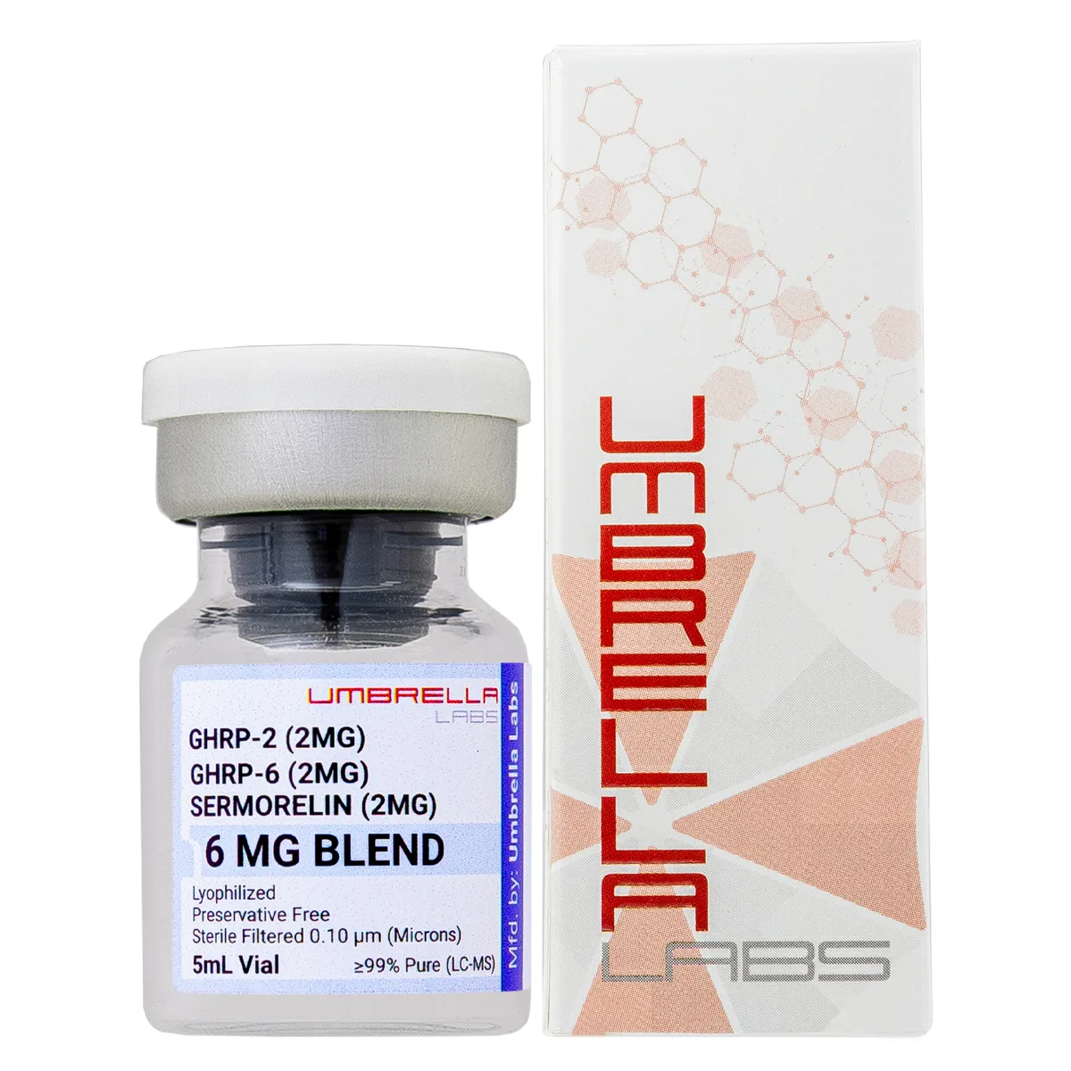 Sermorelin, GHRP-2 and GHRP-6 blend, 6mg 1 Sermorelin, GHRP-2 and GHRP-6 peptide blend from Umbrella Labs